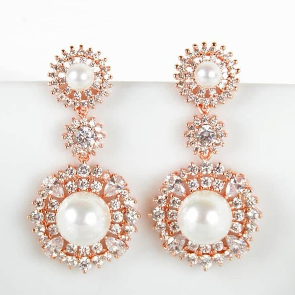Elegant Pearl and Crystal Drop Chandelier Earrings Rose Gold Plated Jewelry
